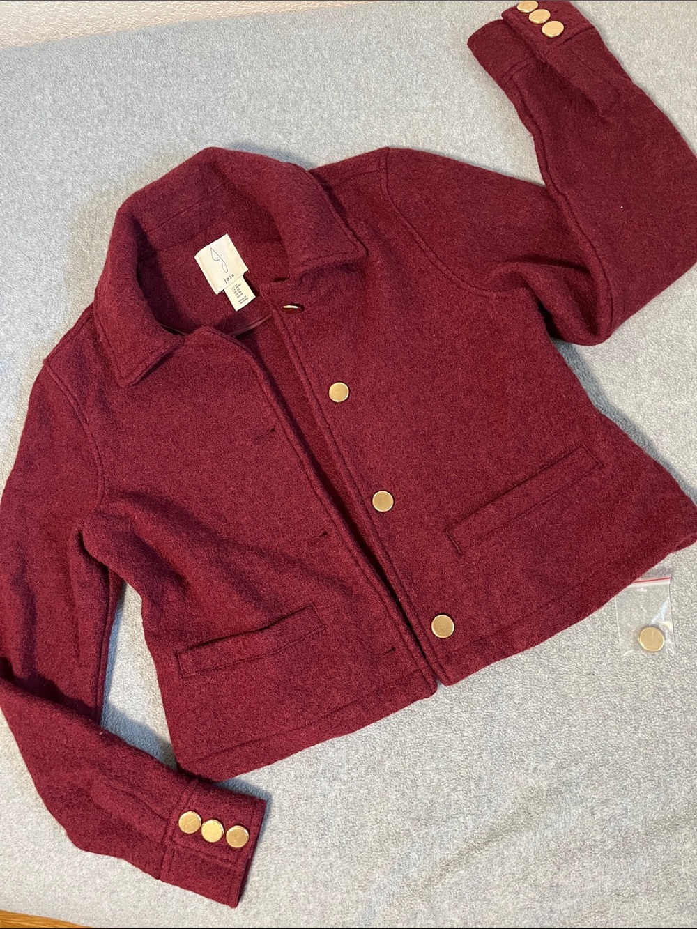 Joie Burgundy Wool Blend Cropped Button Jacket Medium Office Career Old Money
